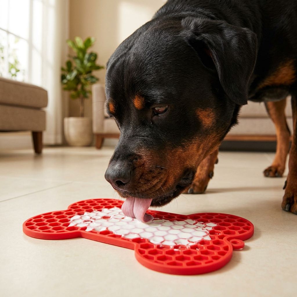 Rottweiler licking yogurt at floor level
