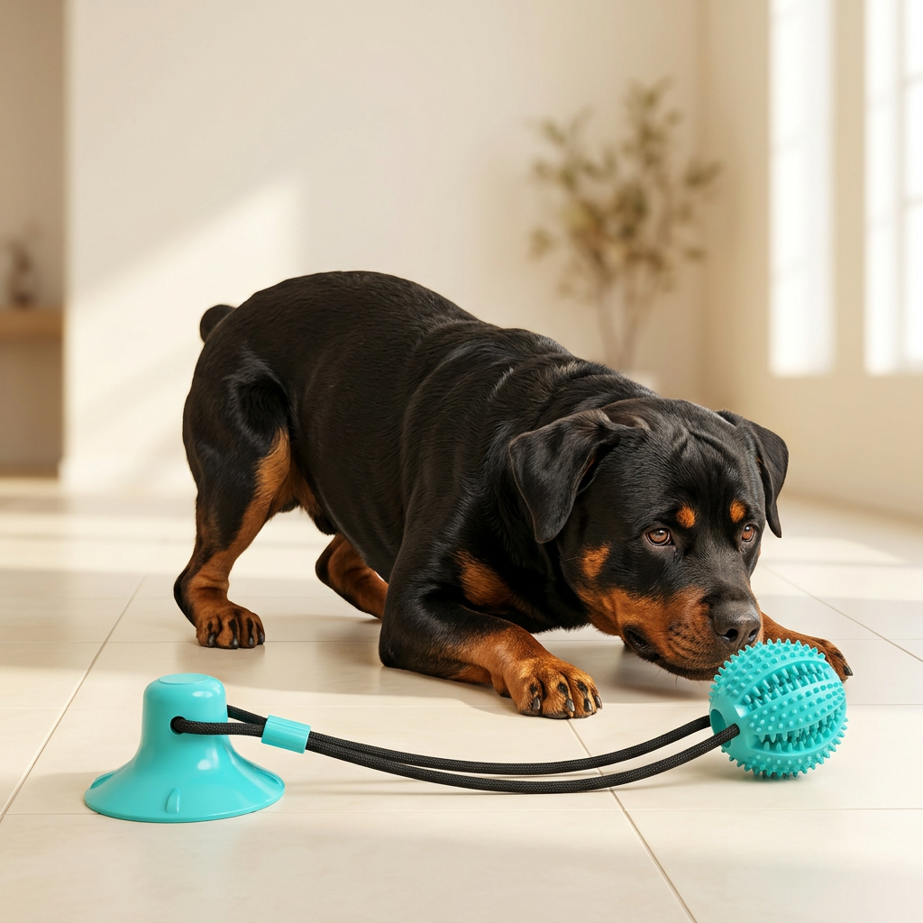 Rottweiler with single-ball tug toy concept