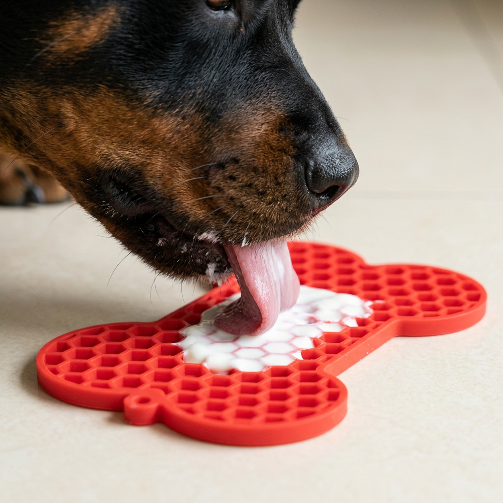 Side close-up of Rottweiler licking yogurt