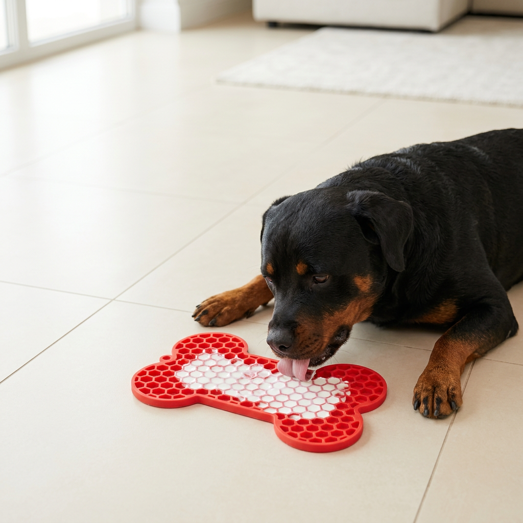 Wide Rottweiler and yogurt lick mat scene